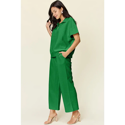 Double Take Full Size Texture Half Zip Short Sleeve Top and Pants Set.