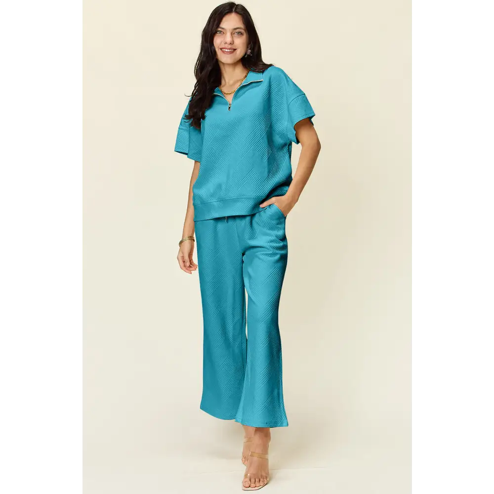 Double Take Full Size Texture Half Zip Short Sleeve Top and Pants Set.