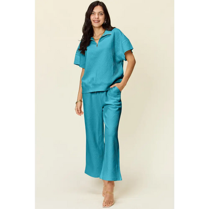 Double Take Full Size Texture Half Zip Short Sleeve Top and Pants Set.