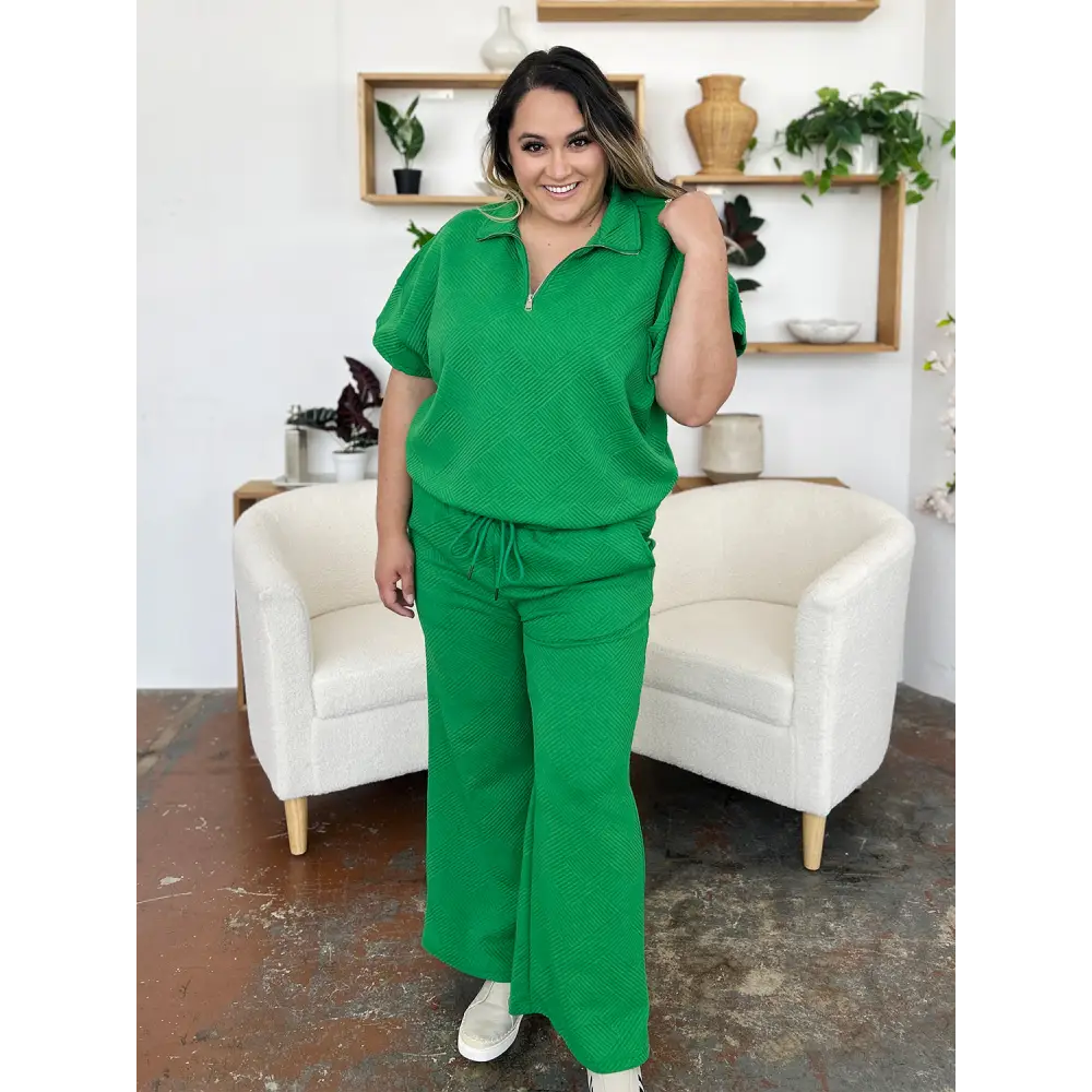 Double Take Full Size Texture Half Zip Short Sleeve Top and Pants Set.