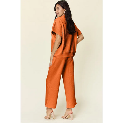 Double Take Full Size Texture Half Zip Short Sleeve Top and Pants Set.