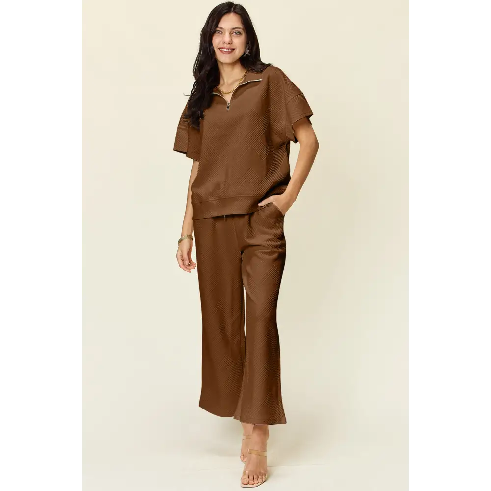 Double Take Full Size Texture Half Zip Short Sleeve Top and Pants Set.