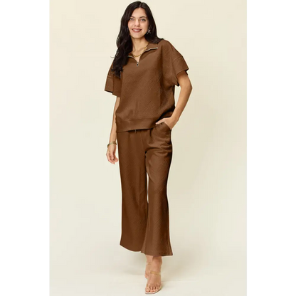 Double Take Full Size Texture Half Zip Short Sleeve Top and Pants Set.