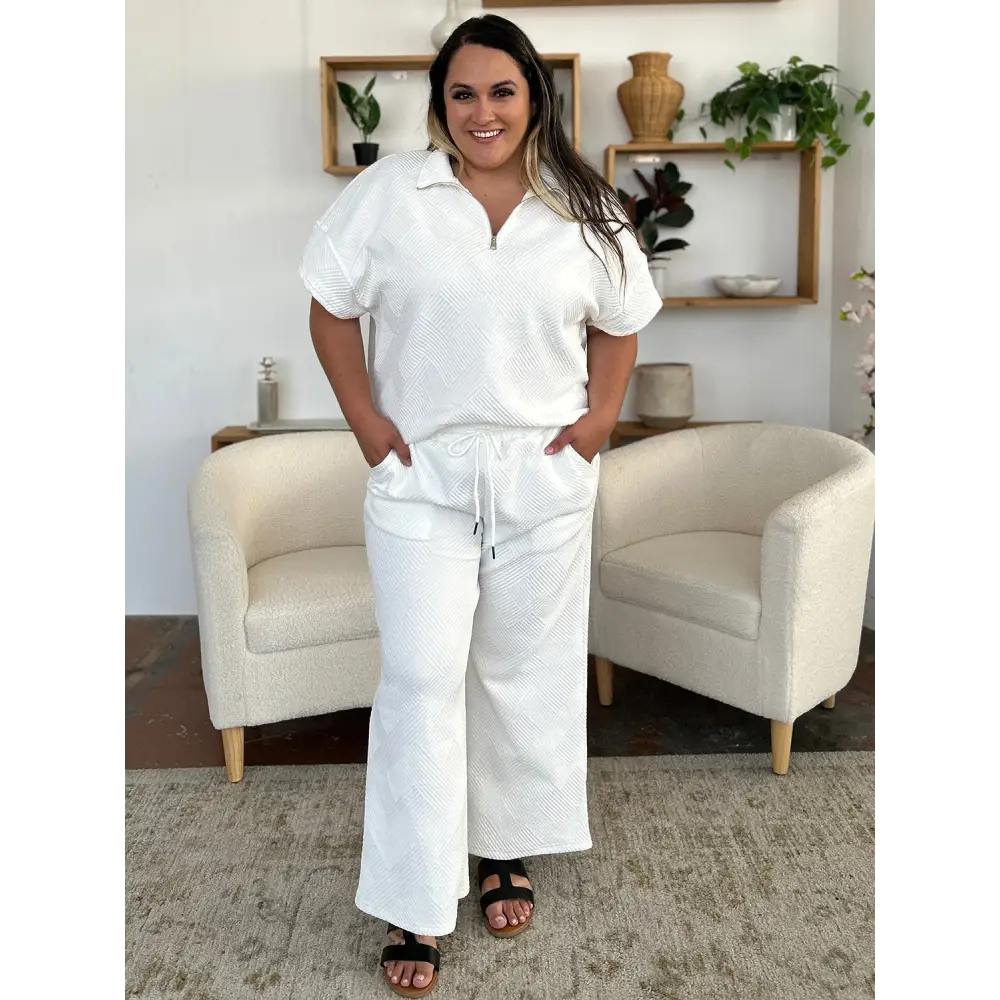 Double Take Full Size Texture Half Zip Short Sleeve Top and Pants Set.