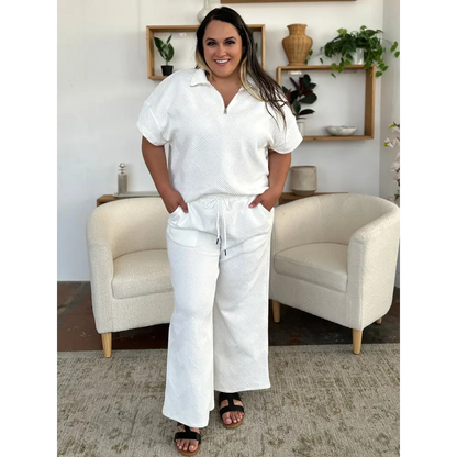 Double Take Full Size Texture Half Zip Short Sleeve Top and Pants Set.