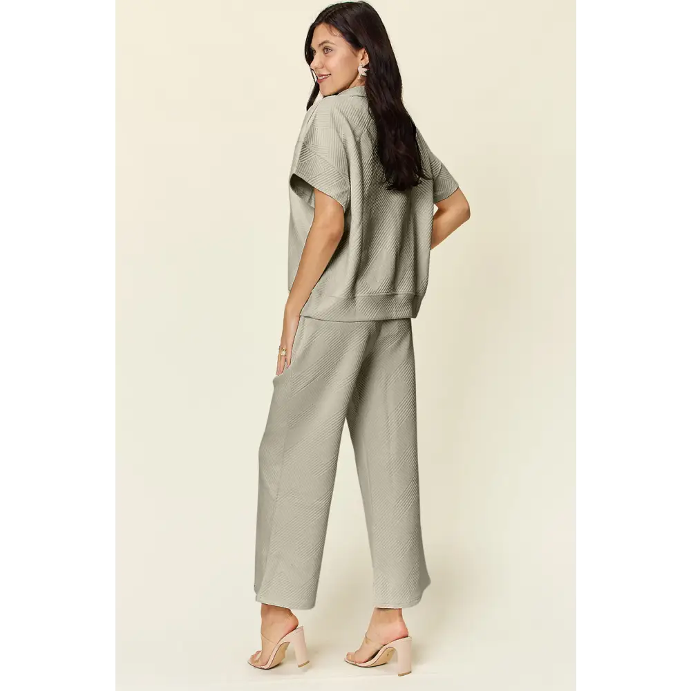 Double Take Full Size Texture Half Zip Short Sleeve Top and Pants Set.