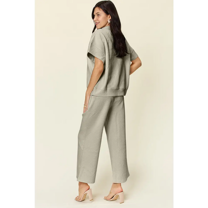 Double Take Full Size Texture Half Zip Short Sleeve Top and Pants Set.