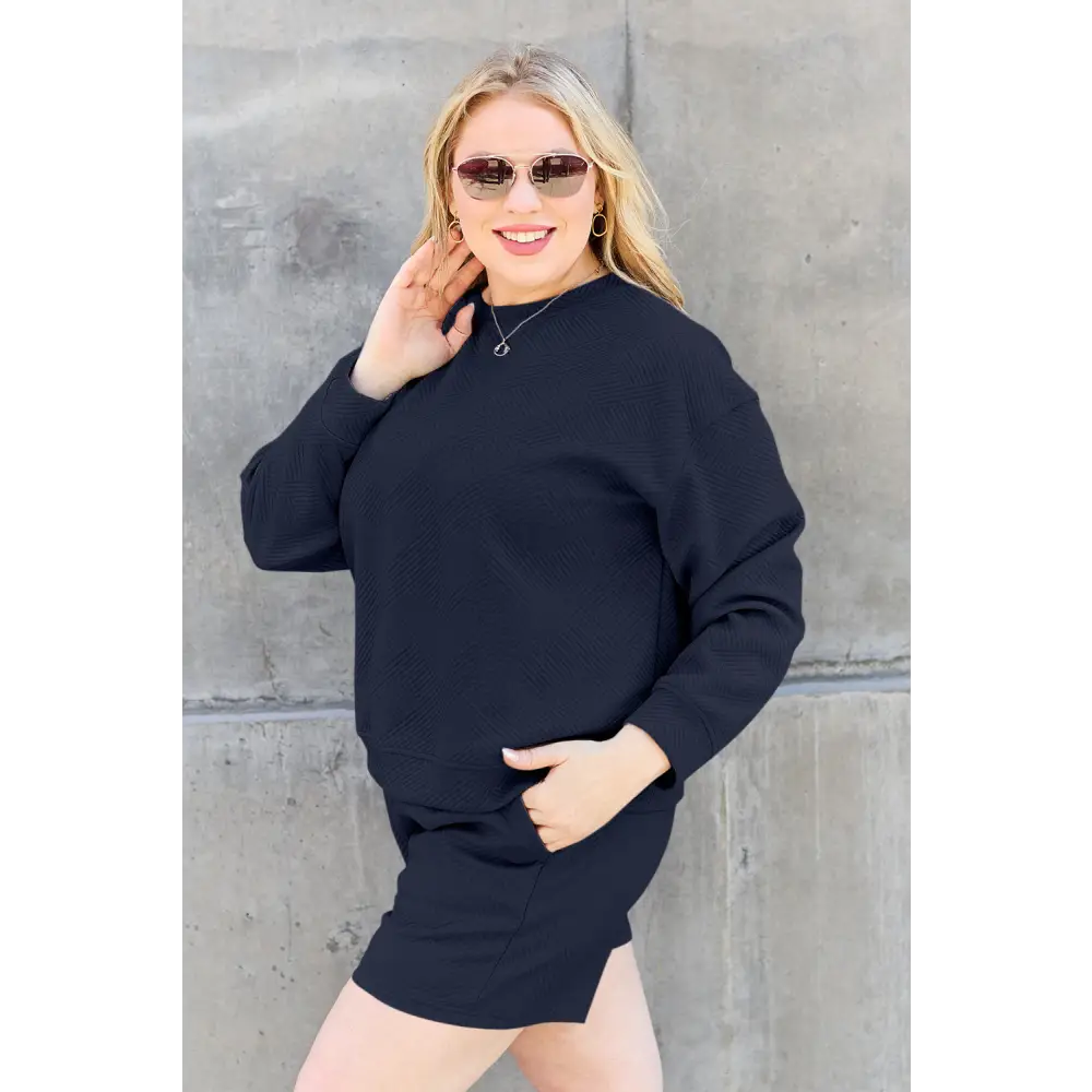 Double Take Full Size Texture Long Sleeve Top and Drawstring Shorts Set.