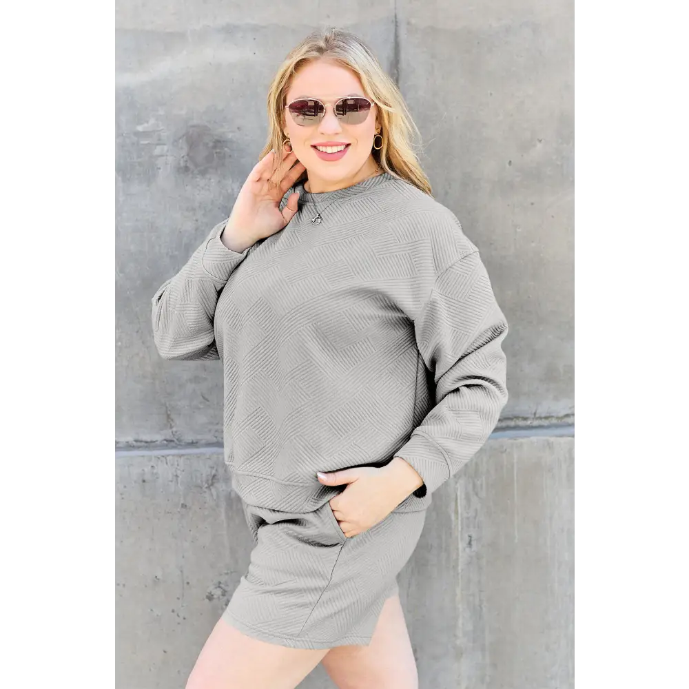 Double Take Full Size Texture Long Sleeve Top and Drawstring Shorts Set.