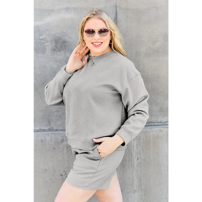 Double Take Full Size Texture Long Sleeve Top and Drawstring Shorts Set.