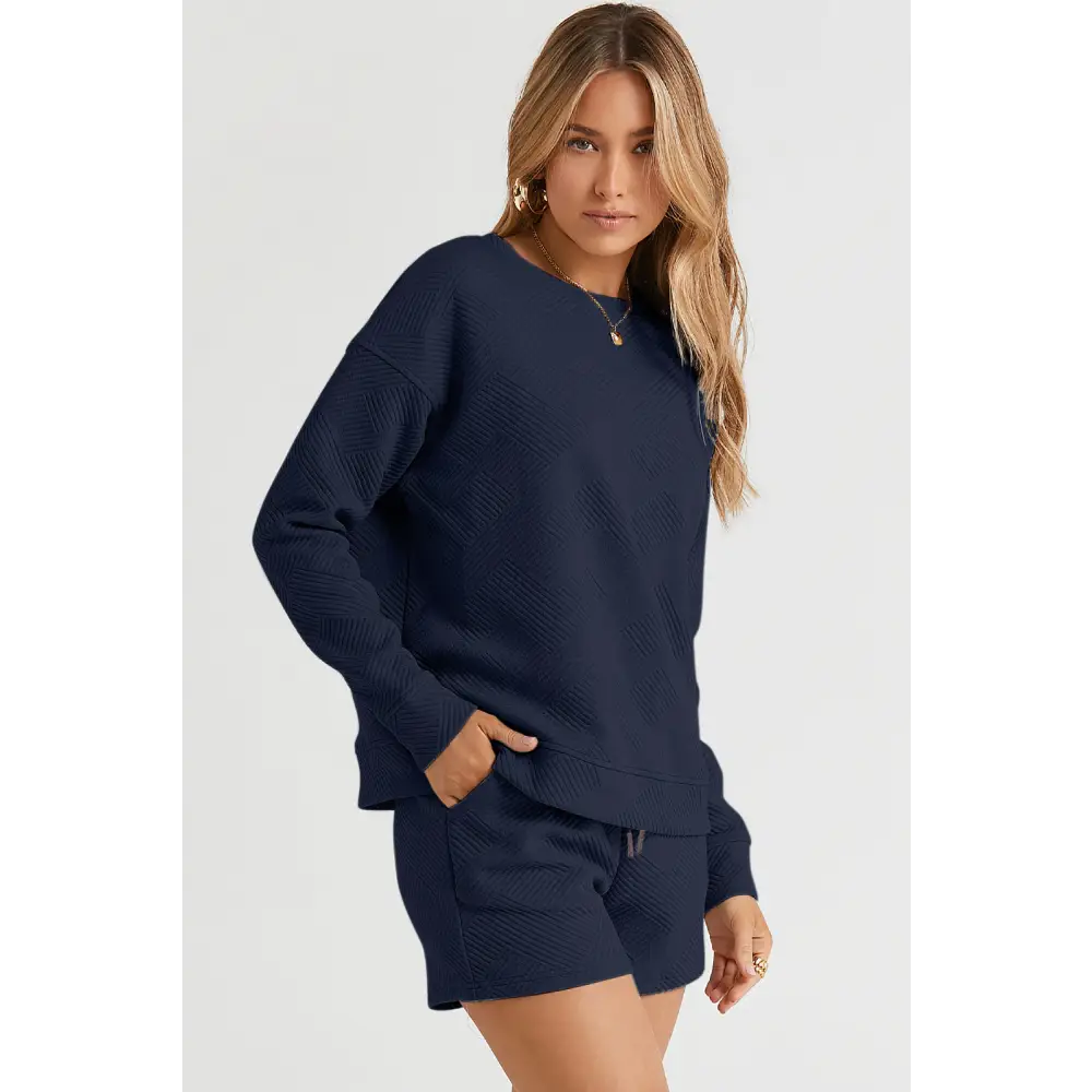 Double Take Full Size Texture Long Sleeve Top and Drawstring Shorts Set.