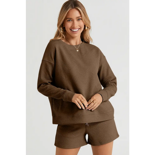 Double Take Full Size Texture Long Sleeve Top and Drawstring Shorts Set.