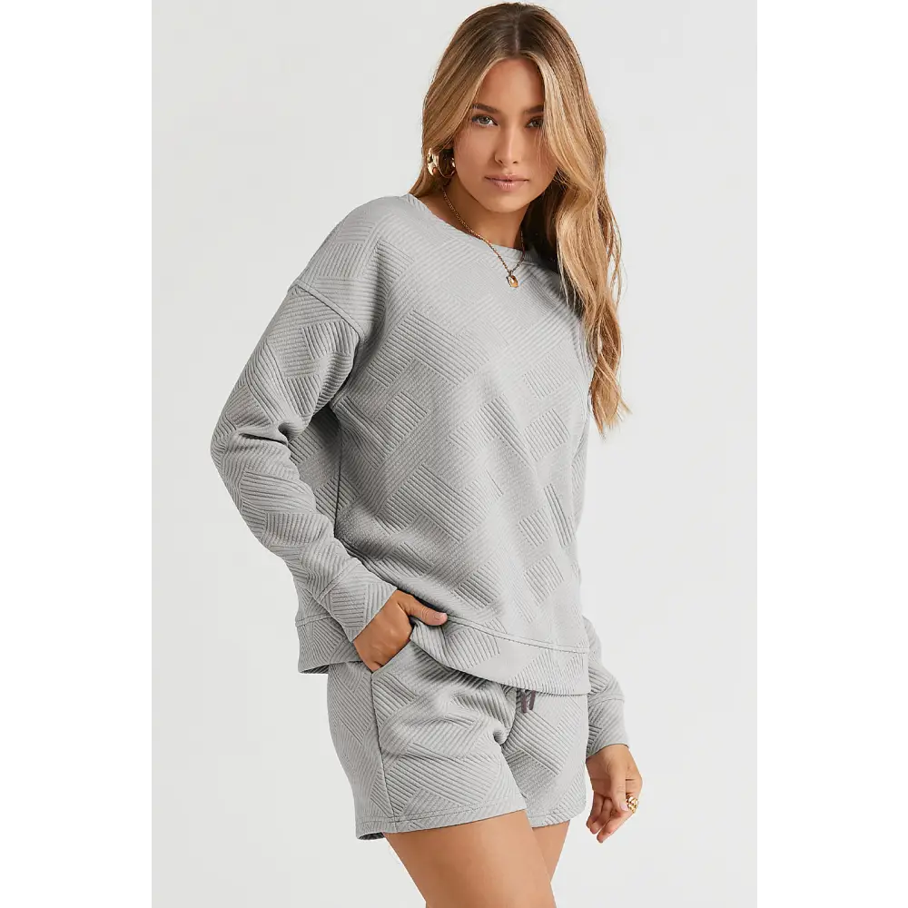 Double Take Full Size Texture Long Sleeve Top and Drawstring Shorts Set.