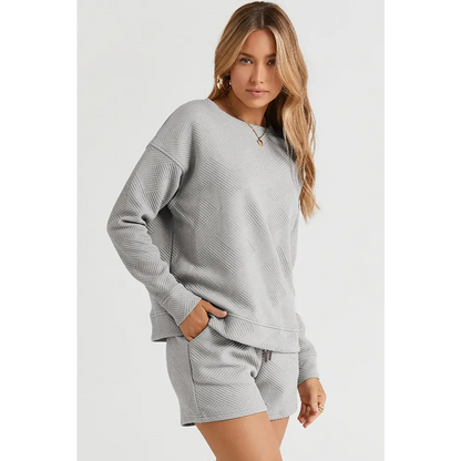 Double Take Full Size Texture Long Sleeve Top and Drawstring Shorts Set.