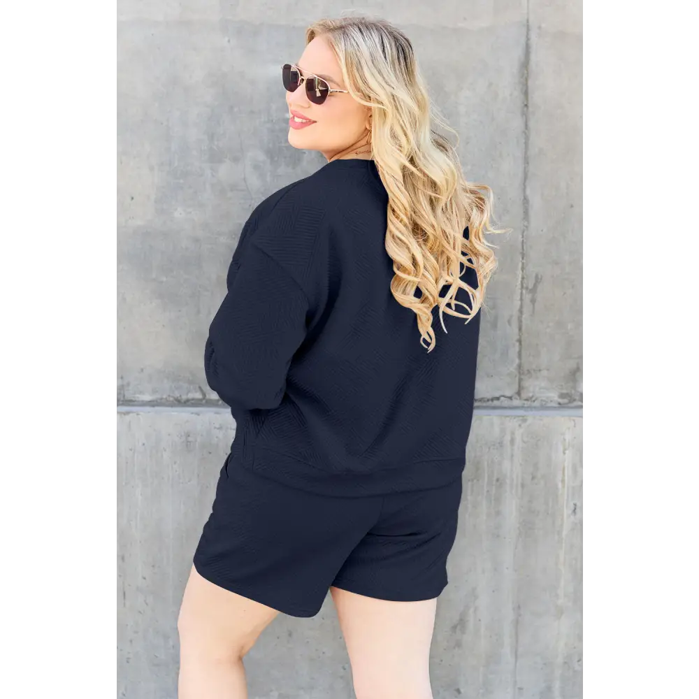 Double Take Full Size Texture Long Sleeve Top and Drawstring Shorts Set.