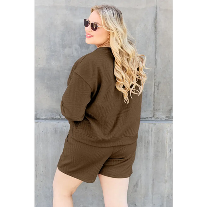 Double Take Full Size Texture Long Sleeve Top and Drawstring Shorts Set.