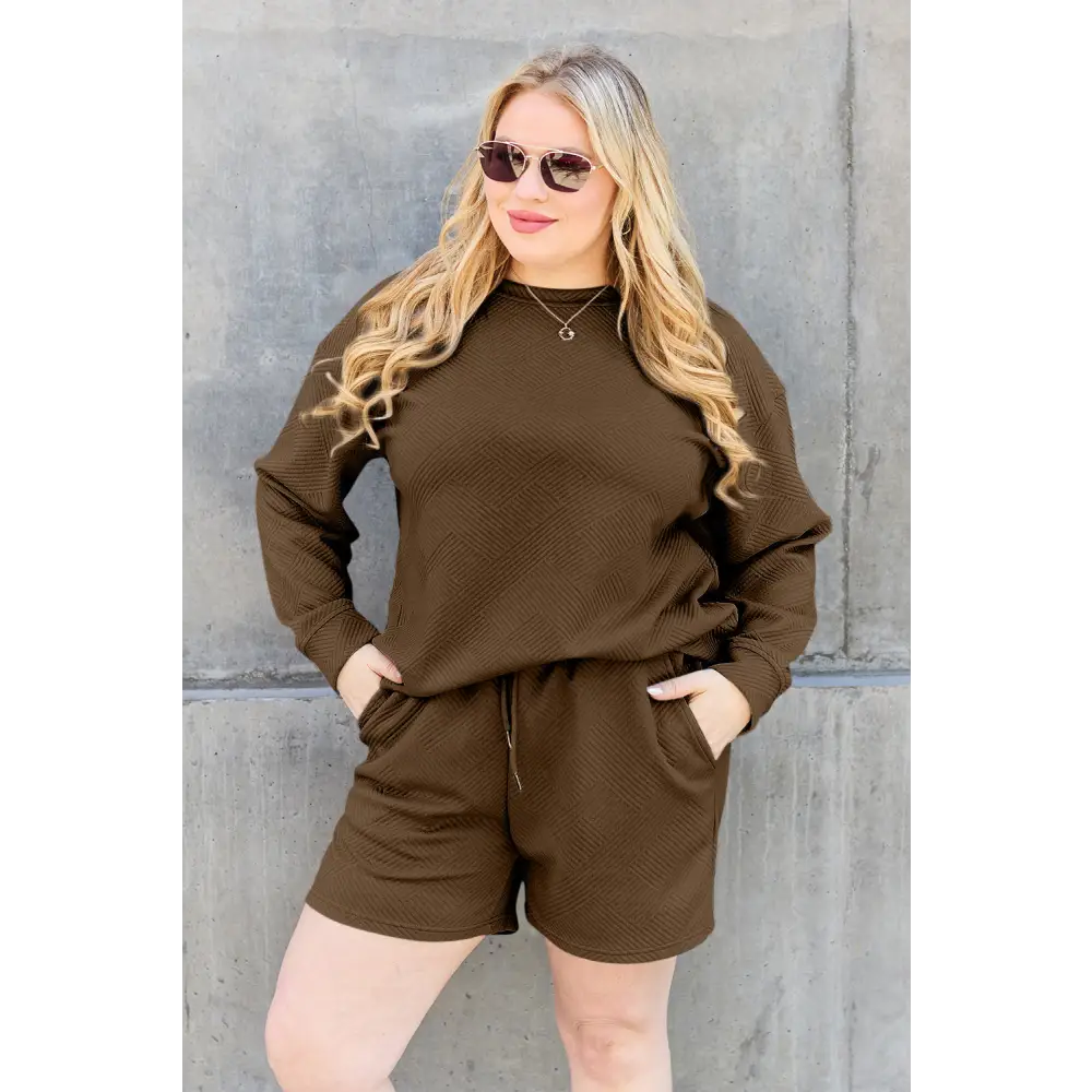 Double Take Full Size Texture Long Sleeve Top and Drawstring Shorts Set.