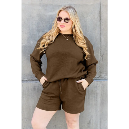 Double Take Full Size Texture Long Sleeve Top and Drawstring Shorts Set.