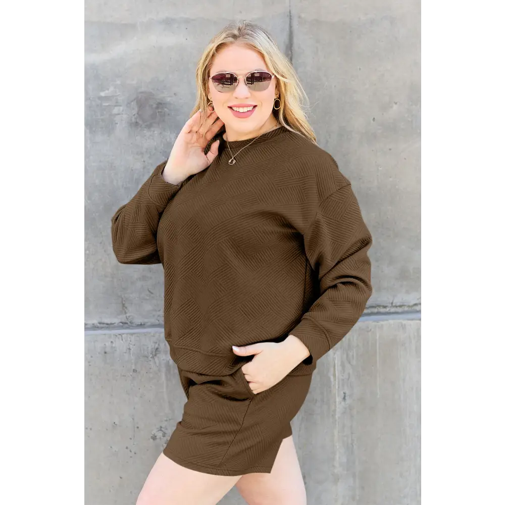 Double Take Full Size Texture Long Sleeve Top and Drawstring Shorts Set.