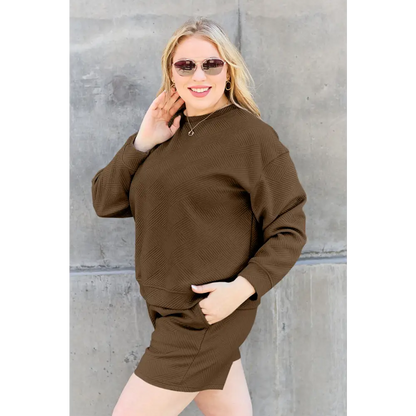 Double Take Full Size Texture Long Sleeve Top and Drawstring Shorts Set.