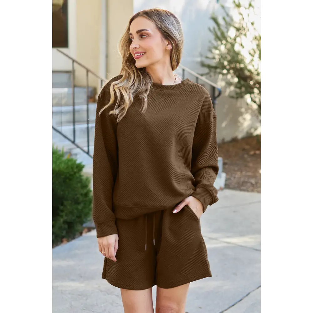 Double Take Full Size Texture Long Sleeve Top and Drawstring Shorts Set.