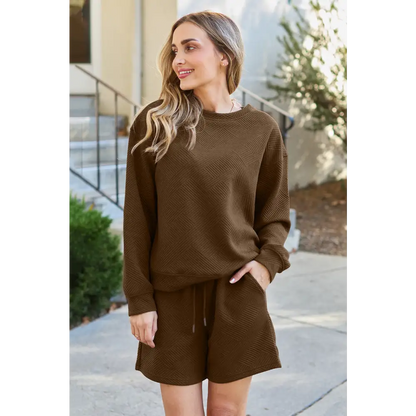 Double Take Full Size Texture Long Sleeve Top and Drawstring Shorts Set.