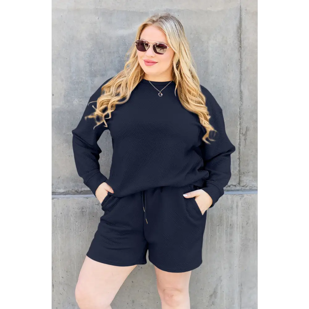 Double Take Full Size Texture Long Sleeve Top and Drawstring Shorts Set.