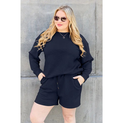 Double Take Full Size Texture Long Sleeve Top and Drawstring Shorts Set.