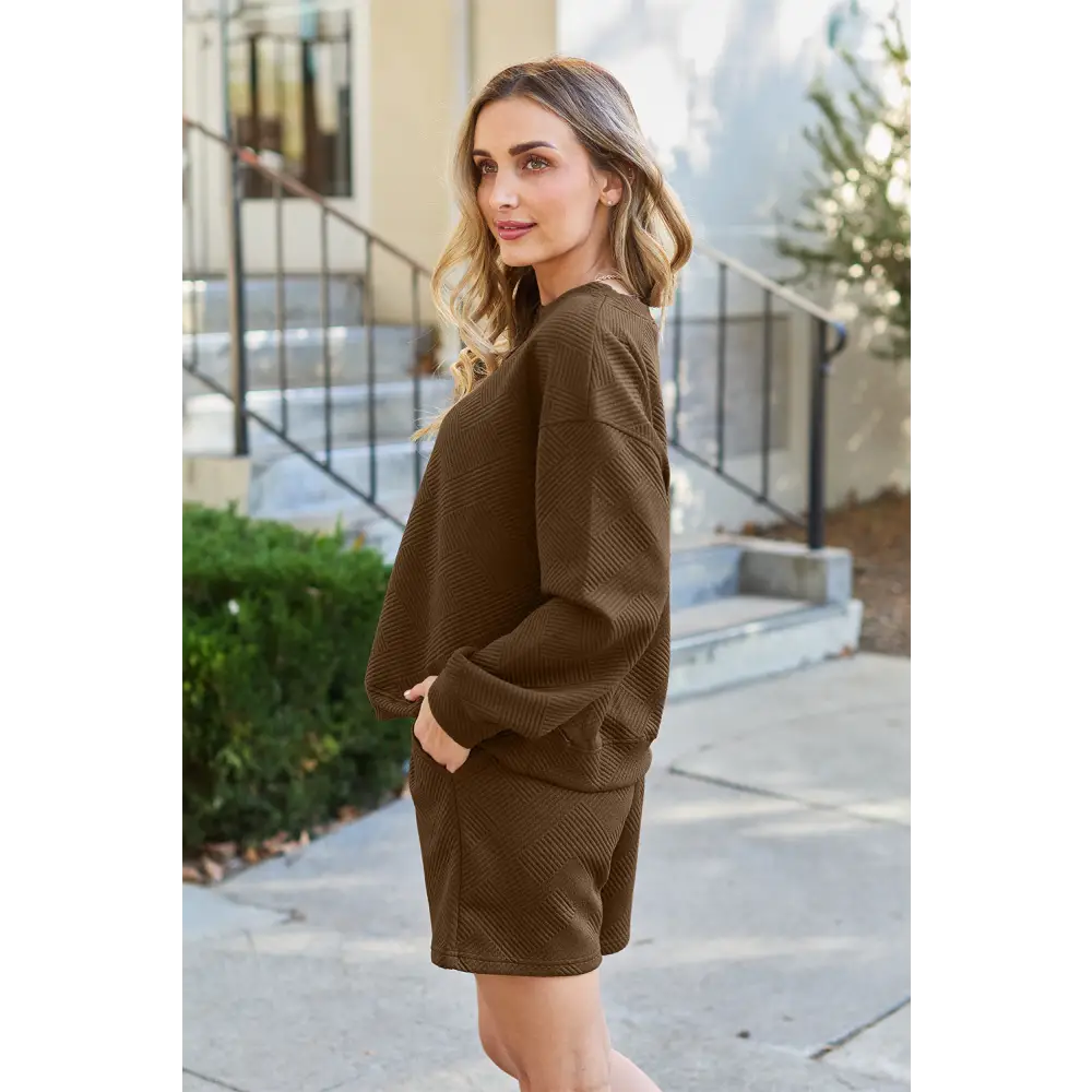 Double Take Full Size Texture Long Sleeve Top and Drawstring Shorts Set.