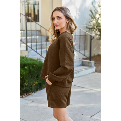 Double Take Full Size Texture Long Sleeve Top and Drawstring Shorts Set.