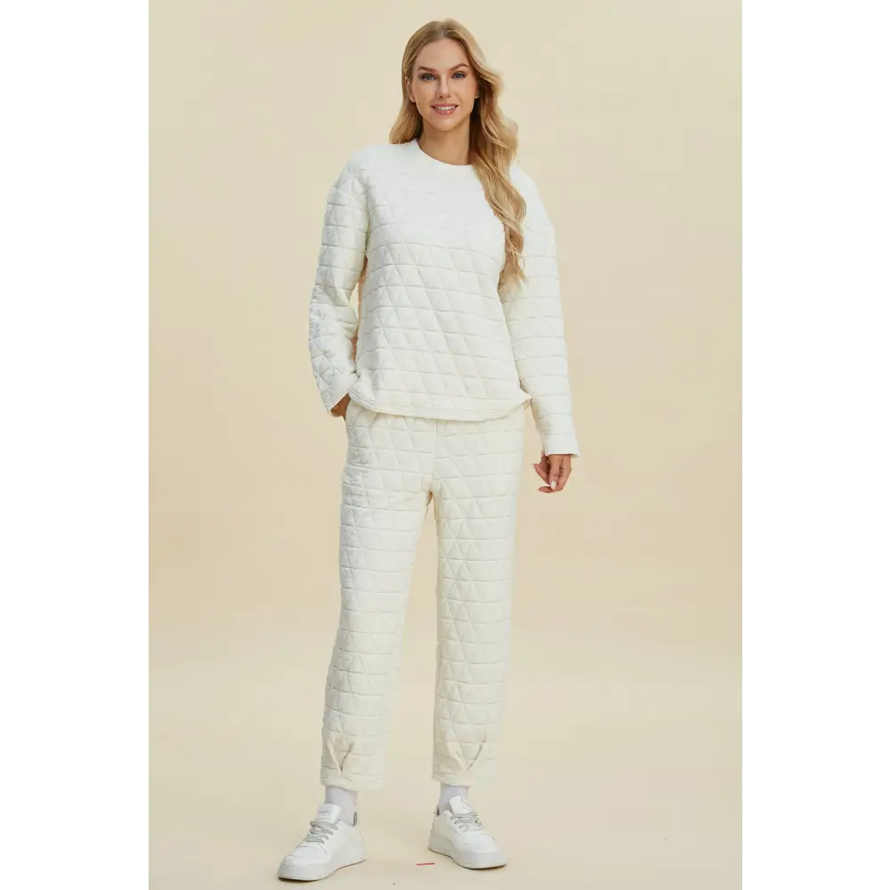 Double Take Full Size Texture Round Neck Long Sleeve Top and Pants Set.