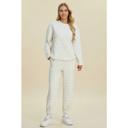 Double Take Full Size Texture Round Neck Long Sleeve Top and Pants Set.