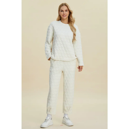 Double Take Full Size Texture Round Neck Long Sleeve Top and Pants Set.