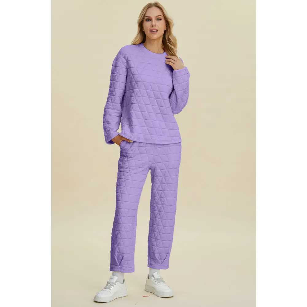Double Take Full Size Texture Round Neck Long Sleeve Top and Pants Set.