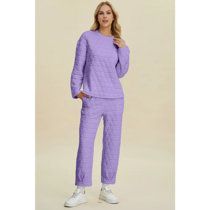Double Take Full Size Texture Round Neck Long Sleeve Top and Pants Set.