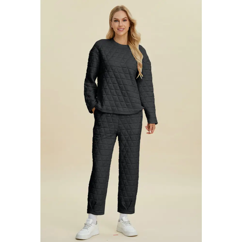 Double Take Full Size Texture Round Neck Long Sleeve Top and Pants Set.