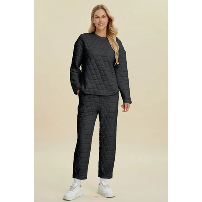 Double Take Full Size Texture Round Neck Long Sleeve Top and Pants Set.