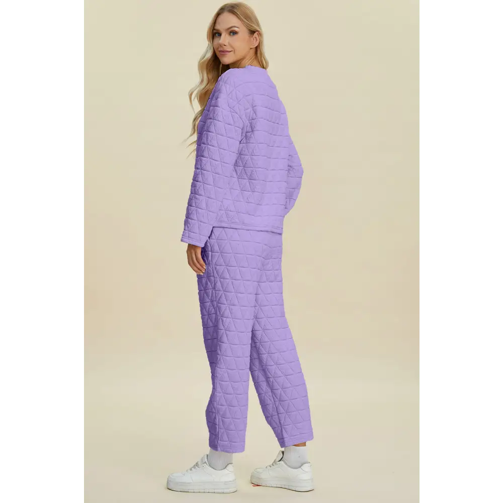 Double Take Full Size Texture Round Neck Long Sleeve Top and Pants Set.