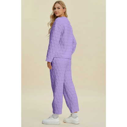 Double Take Full Size Texture Round Neck Long Sleeve Top and Pants Set.