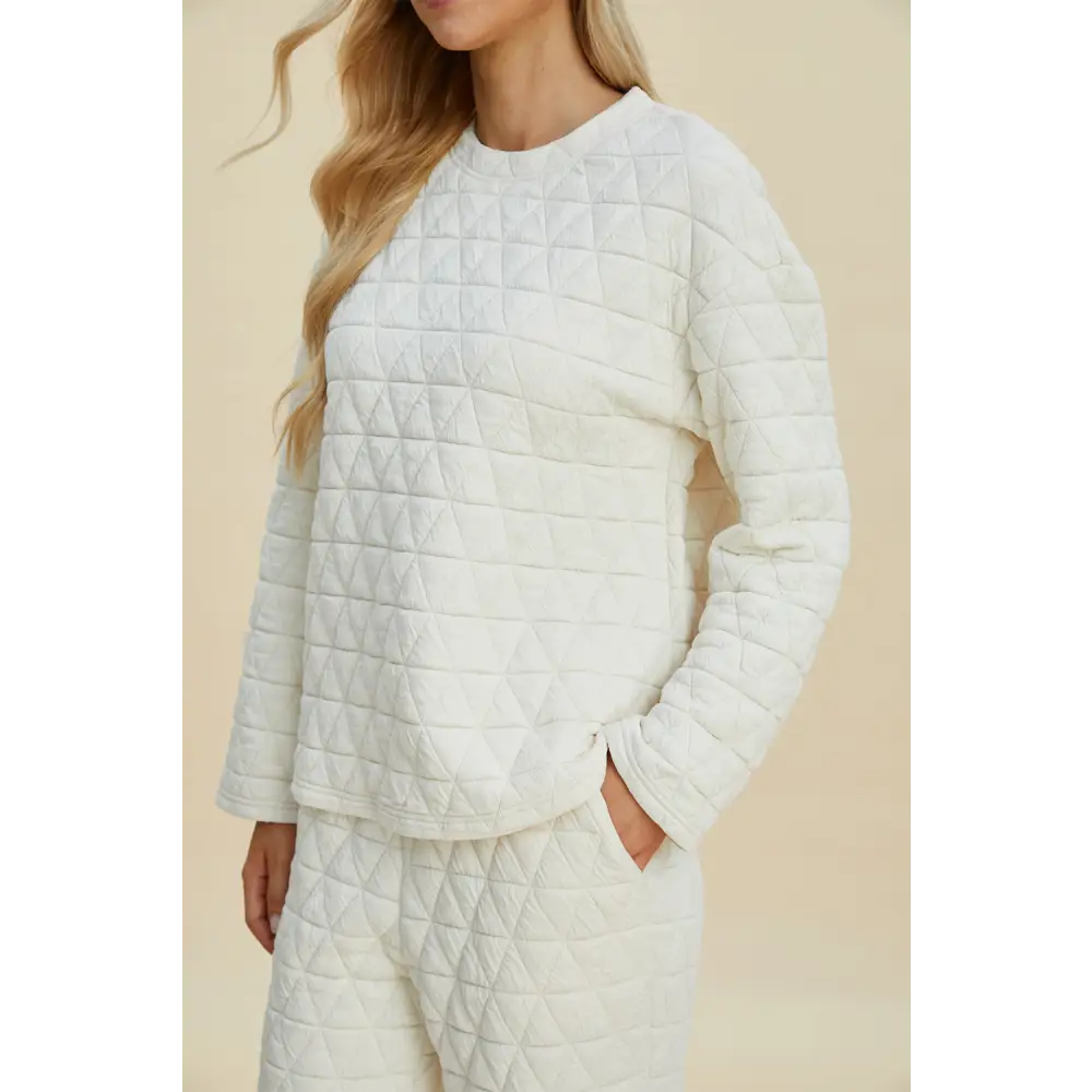 Double Take Full Size Texture Round Neck Long Sleeve Top and Pants Set.