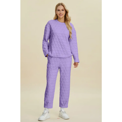 Double Take Full Size Texture Round Neck Long Sleeve Top and Pants Set.