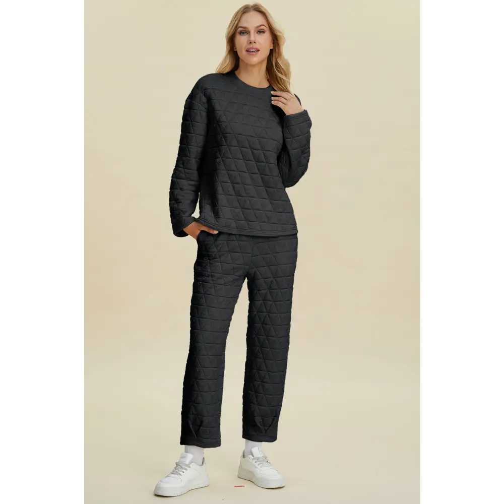 Double Take Full Size Texture Round Neck Long Sleeve Top and Pants Set.