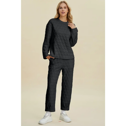 Double Take Full Size Texture Round Neck Long Sleeve Top and Pants Set.