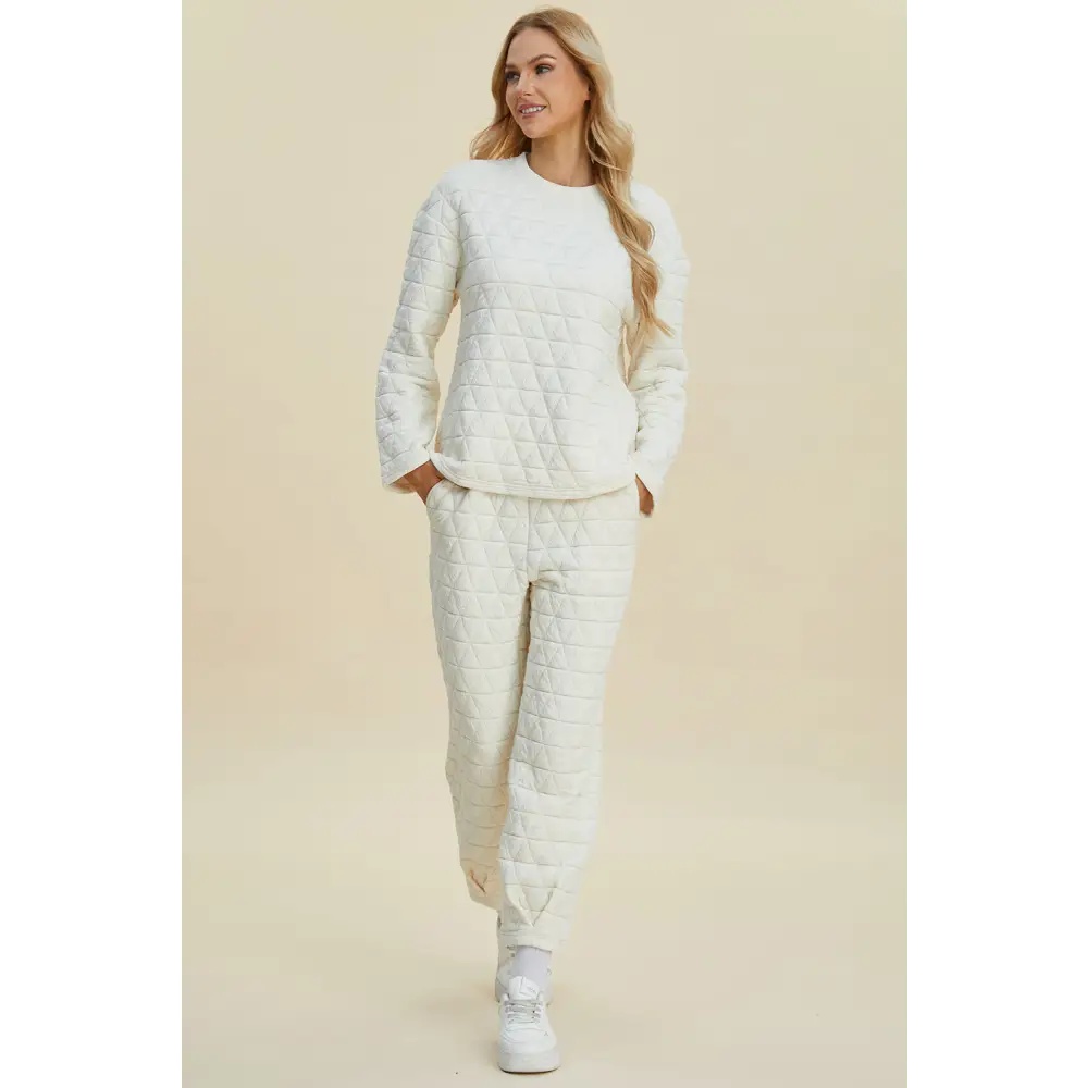 Double Take Full Size Texture Round Neck Long Sleeve Top and Pants Set.