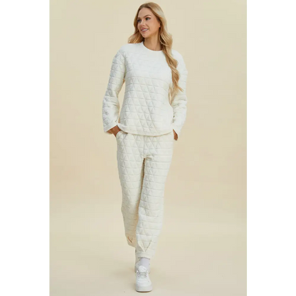 Double Take Full Size Texture Round Neck Long Sleeve Top and Pants Set.