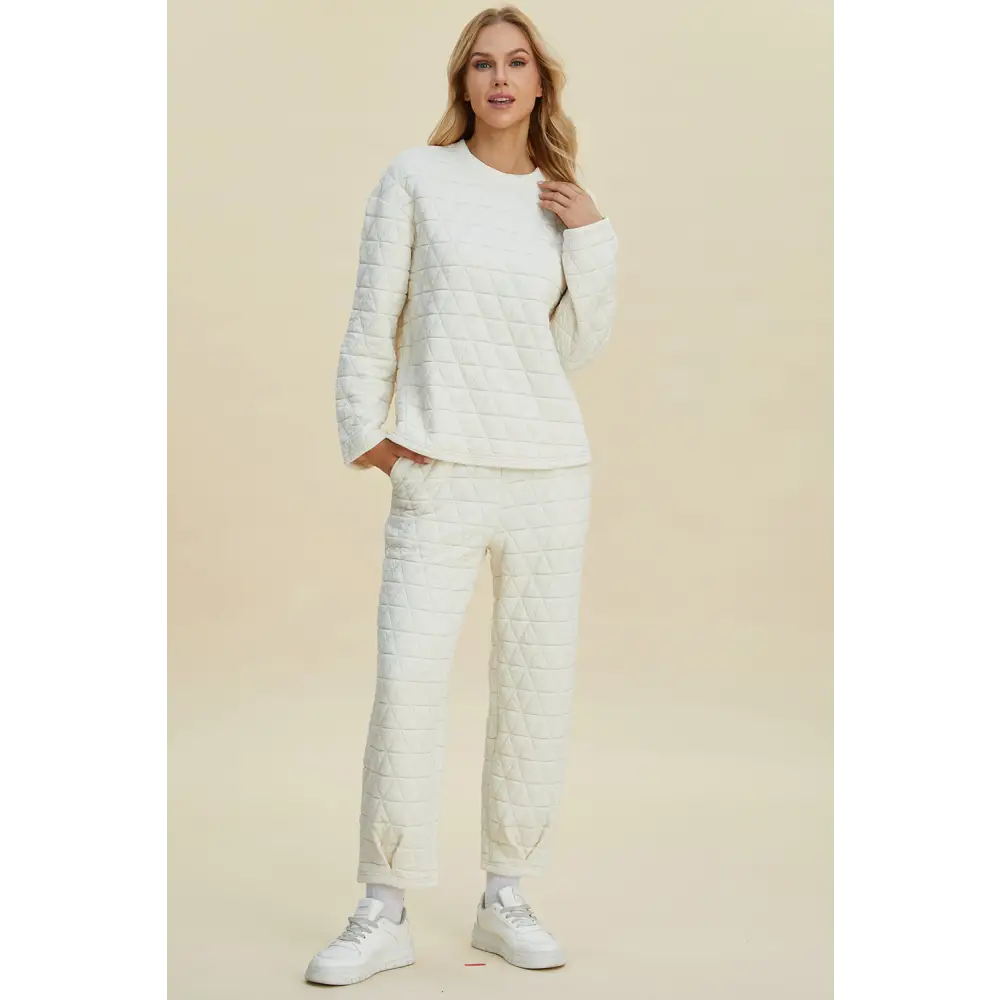 Double Take Full Size Texture Round Neck Long Sleeve Top and Pants Set.