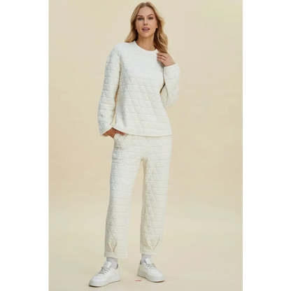 Double Take Full Size Texture Round Neck Long Sleeve Top and Pants Set.