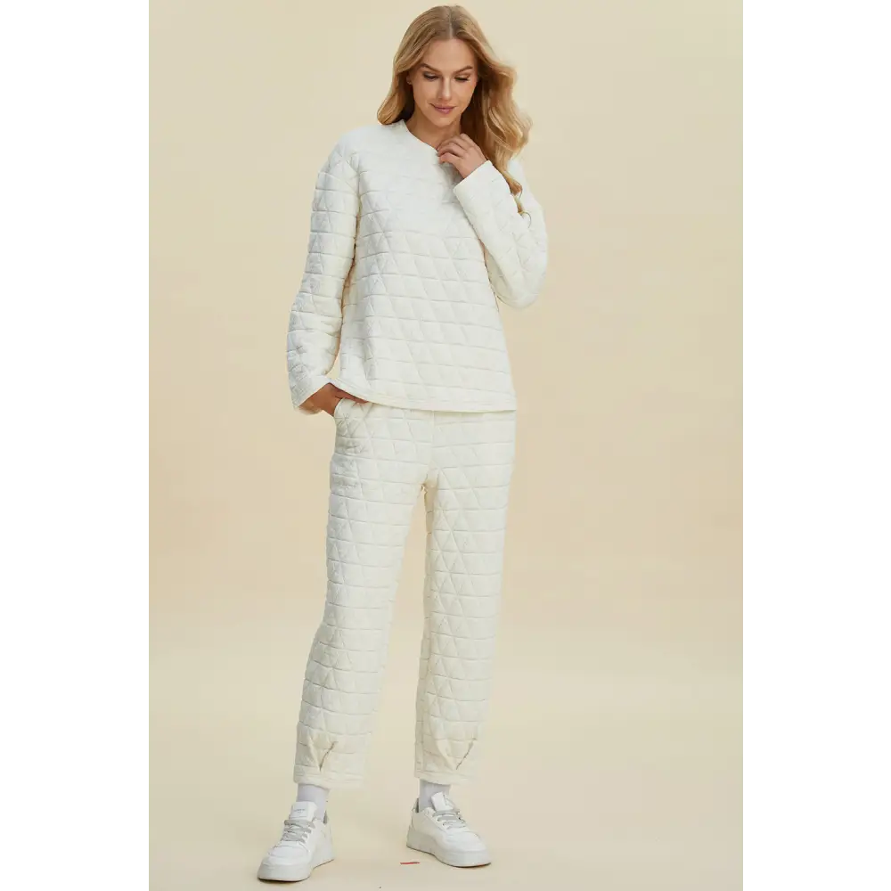 Double Take Full Size Texture Round Neck Long Sleeve Top and Pants Set.