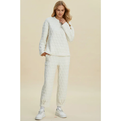 Double Take Full Size Texture Round Neck Long Sleeve Top and Pants Set.