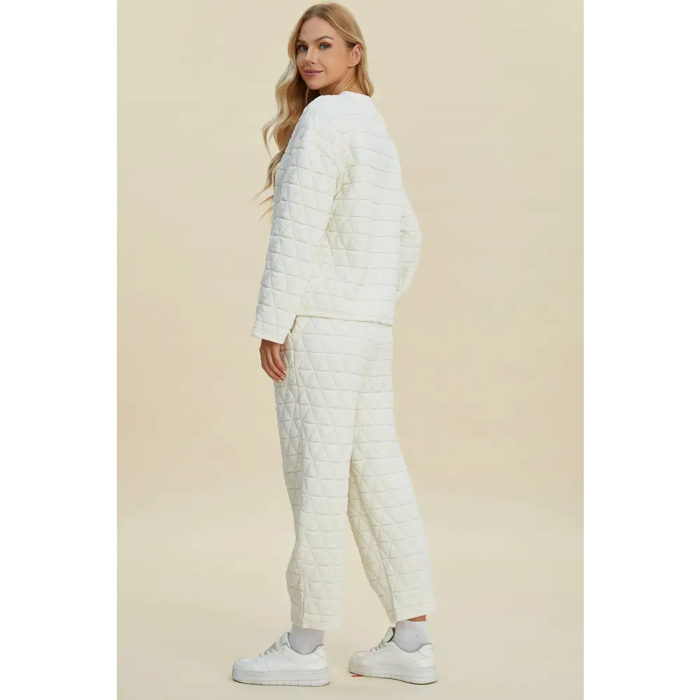 Double Take Full Size Texture Round Neck Long Sleeve Top and Pants Set.